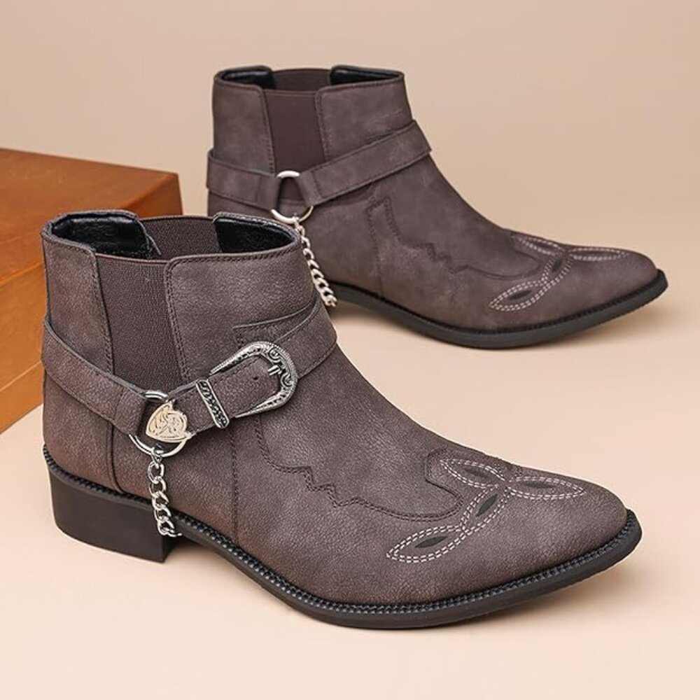 Men's Hand Embroidery Cowboys Chelsea Boots with Chain Buckle